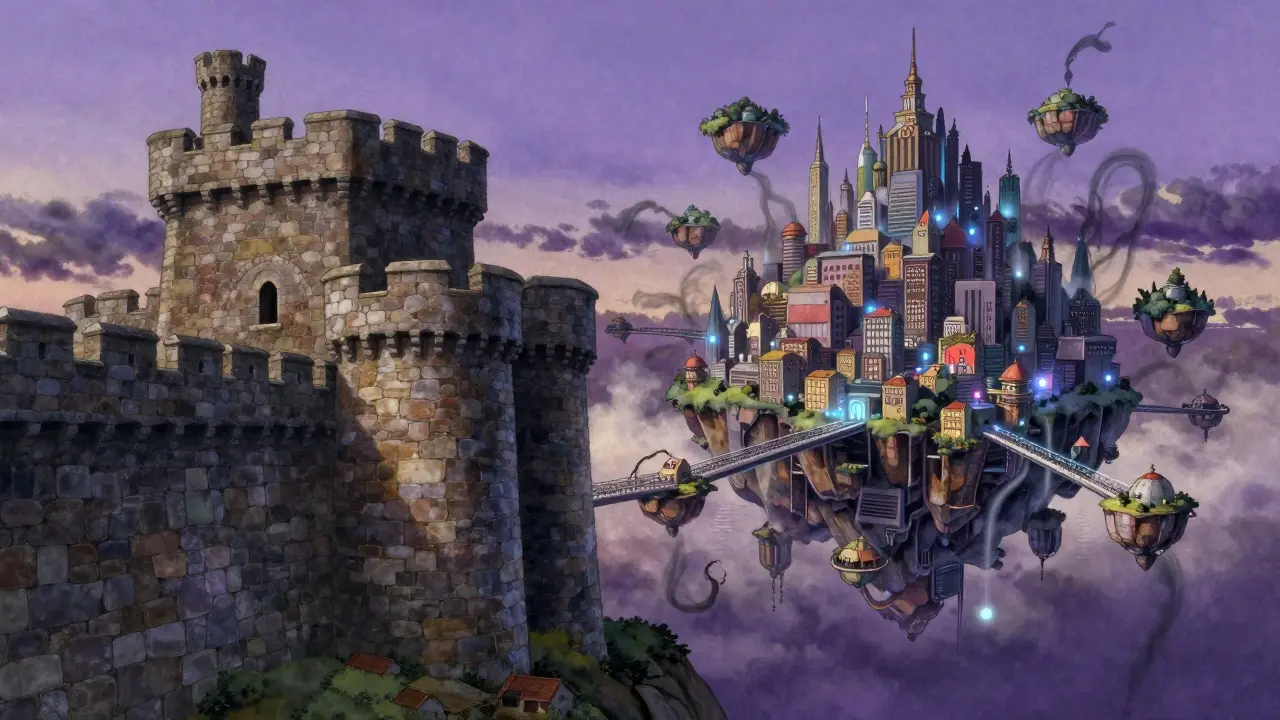 Contrast between a secure monolith castle and vulnerable microservice islands.