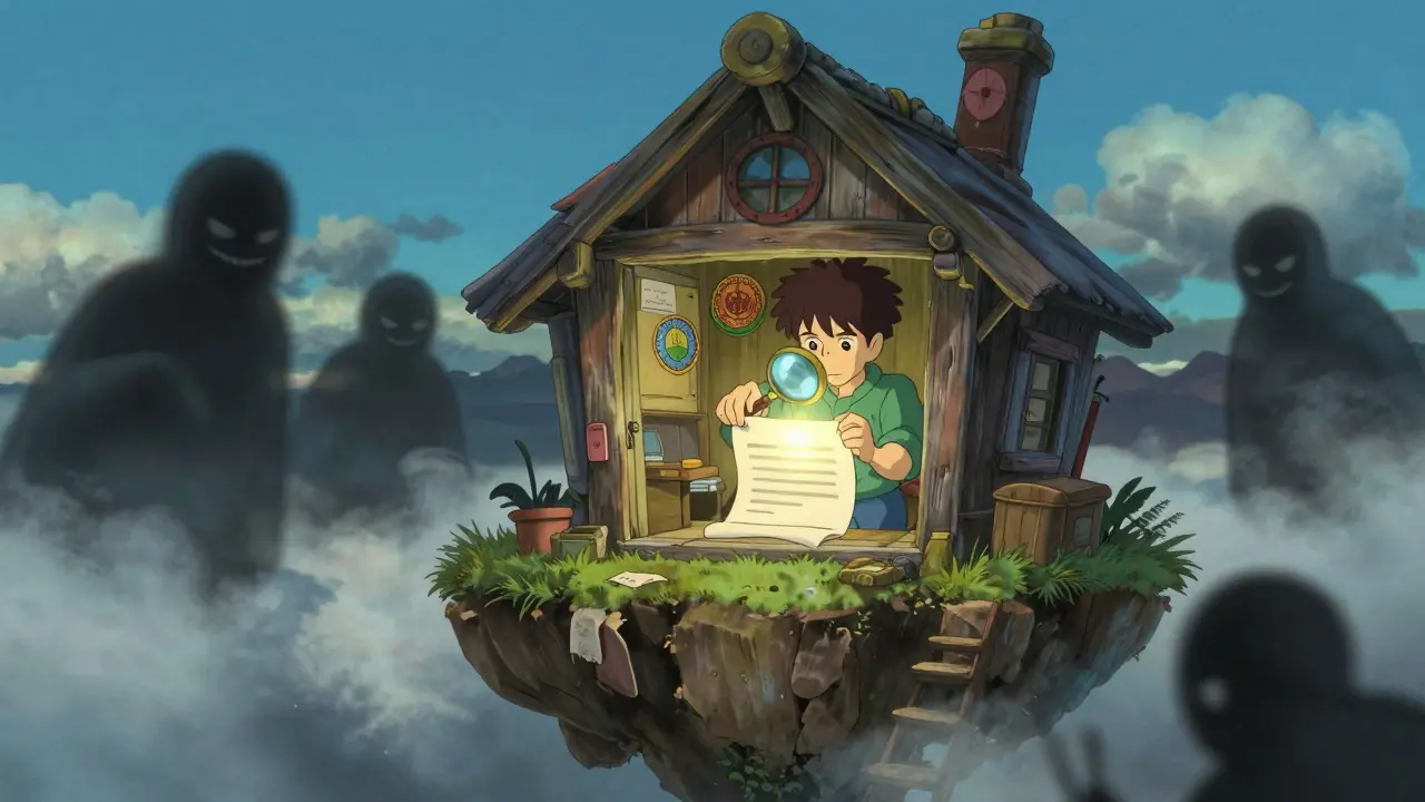 Cozy cabin on a cloud where a user verifies crypto contracts safely