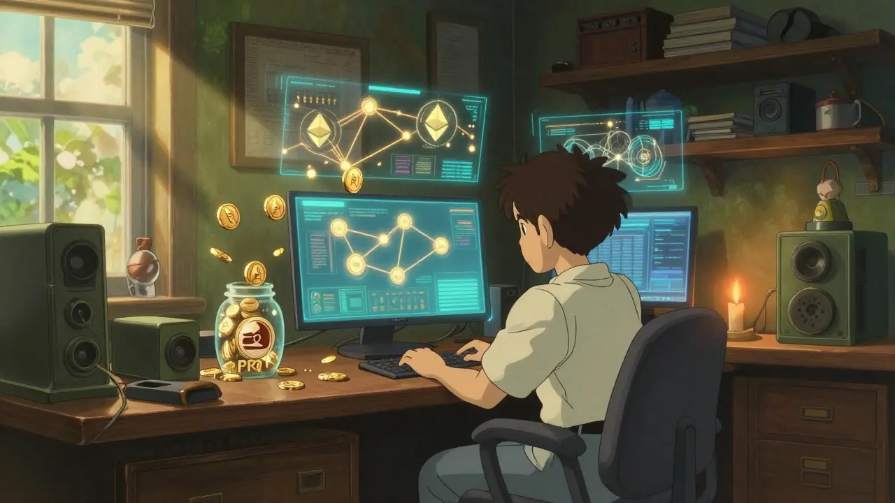 Cozy Ghibli workshop with floating blockchain networks and tokens