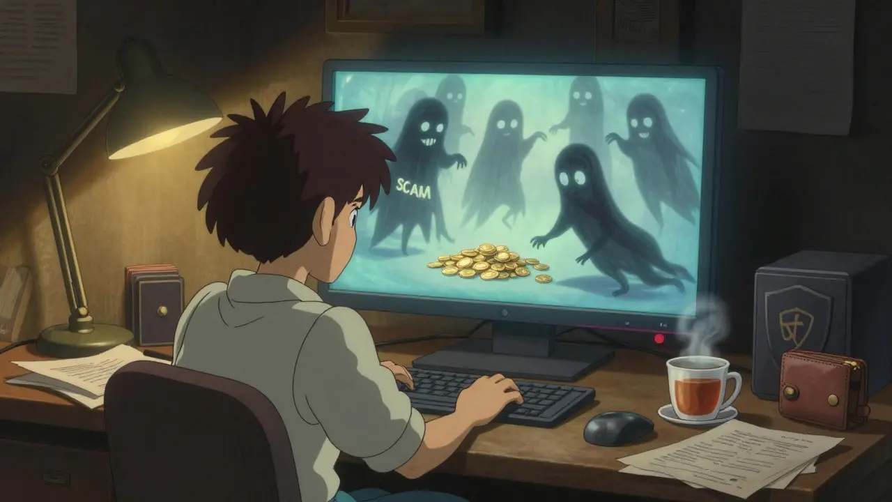 Cozy room scene showing a user checking for crypto scams on a screen