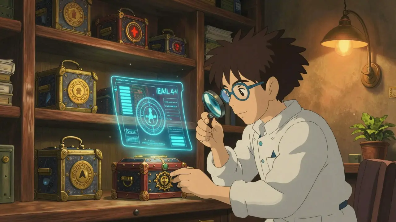 Cozy vault room with a technician inspecting secure hardware wallets in Ghibli art.
