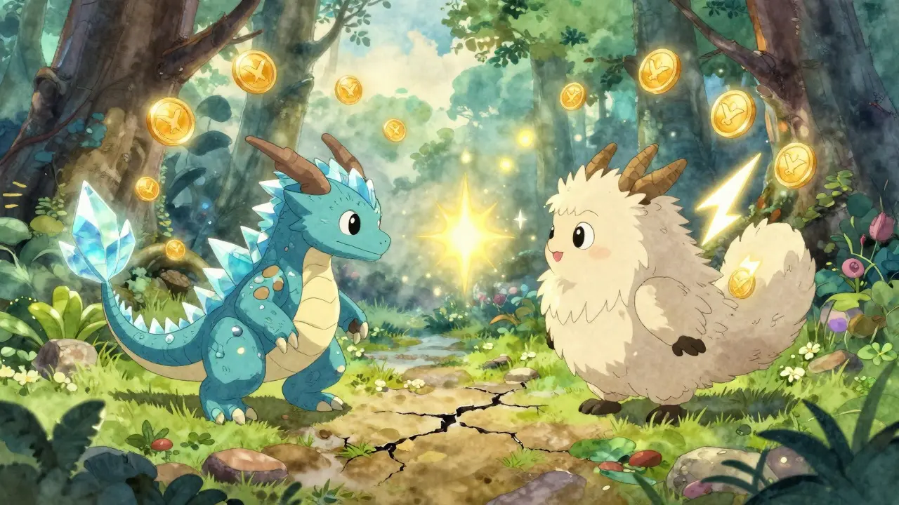 Cute monster NFTs battling in a magical arena with floating rewards and unstable ground.