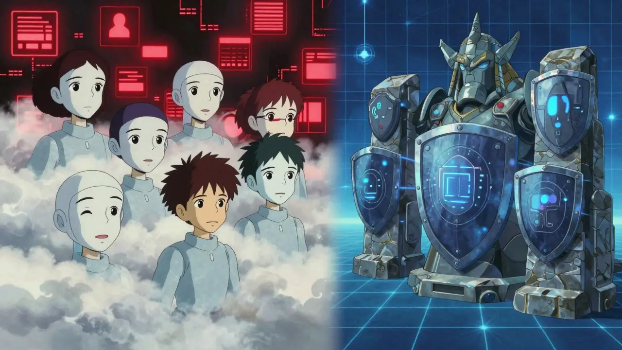 Digital shields blocking AI-driven cyber threats in a stylized battle.