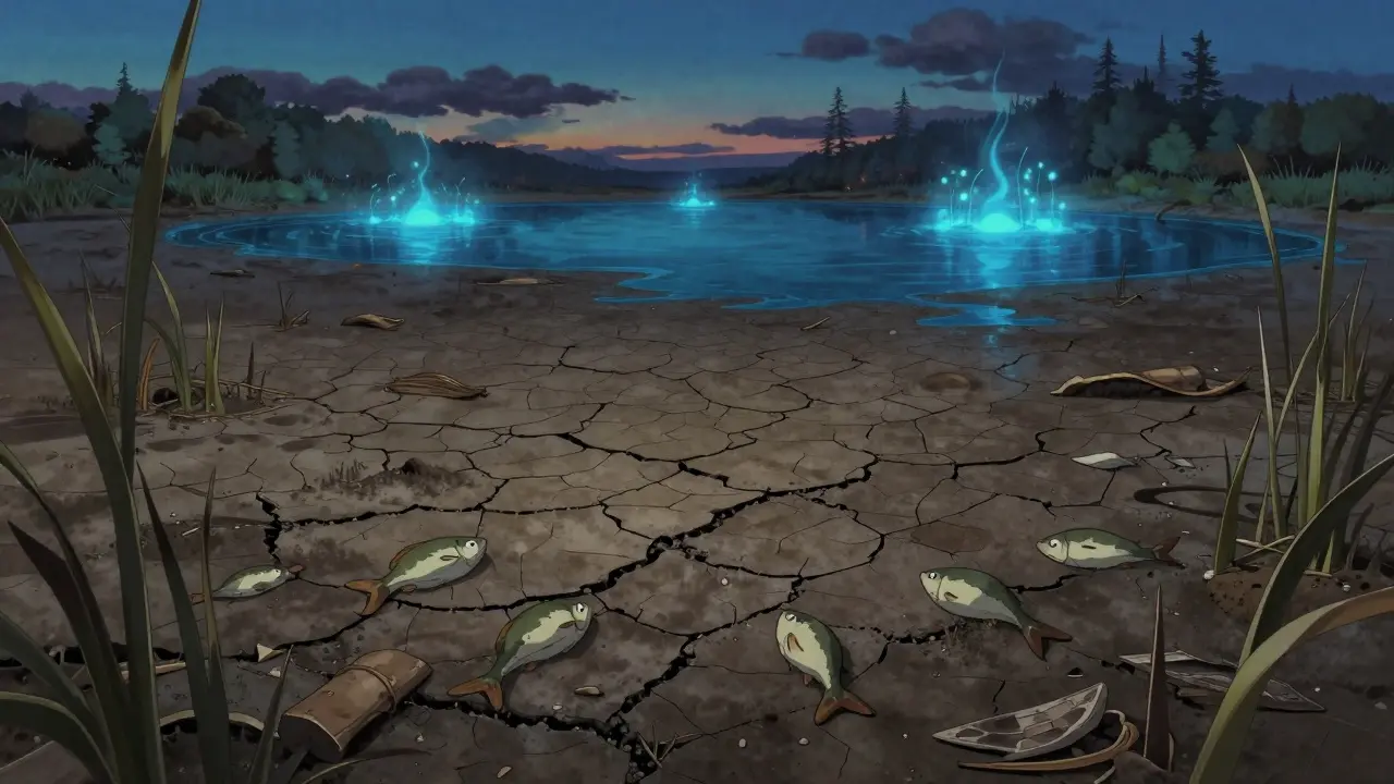 Dried-up pond with stranded fish next to glowing healthy lakes