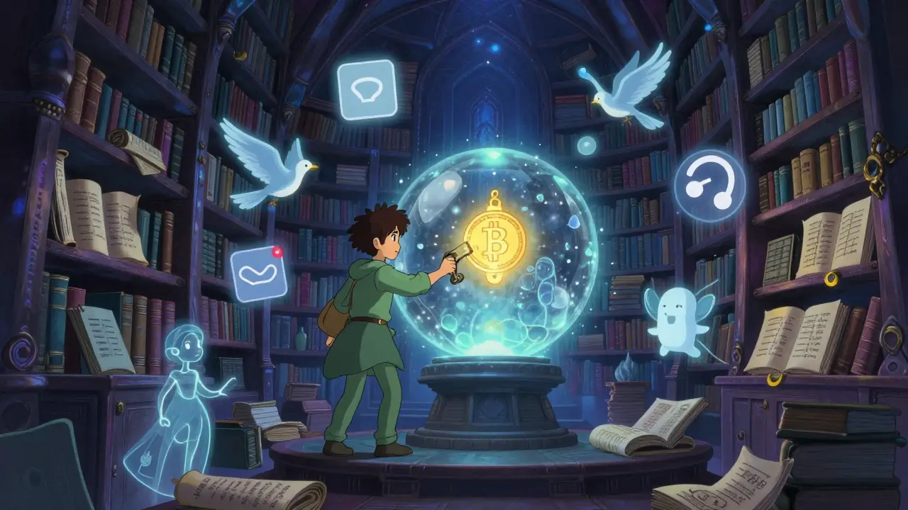 Fantasy library scene showing wallet connection and task completion steps