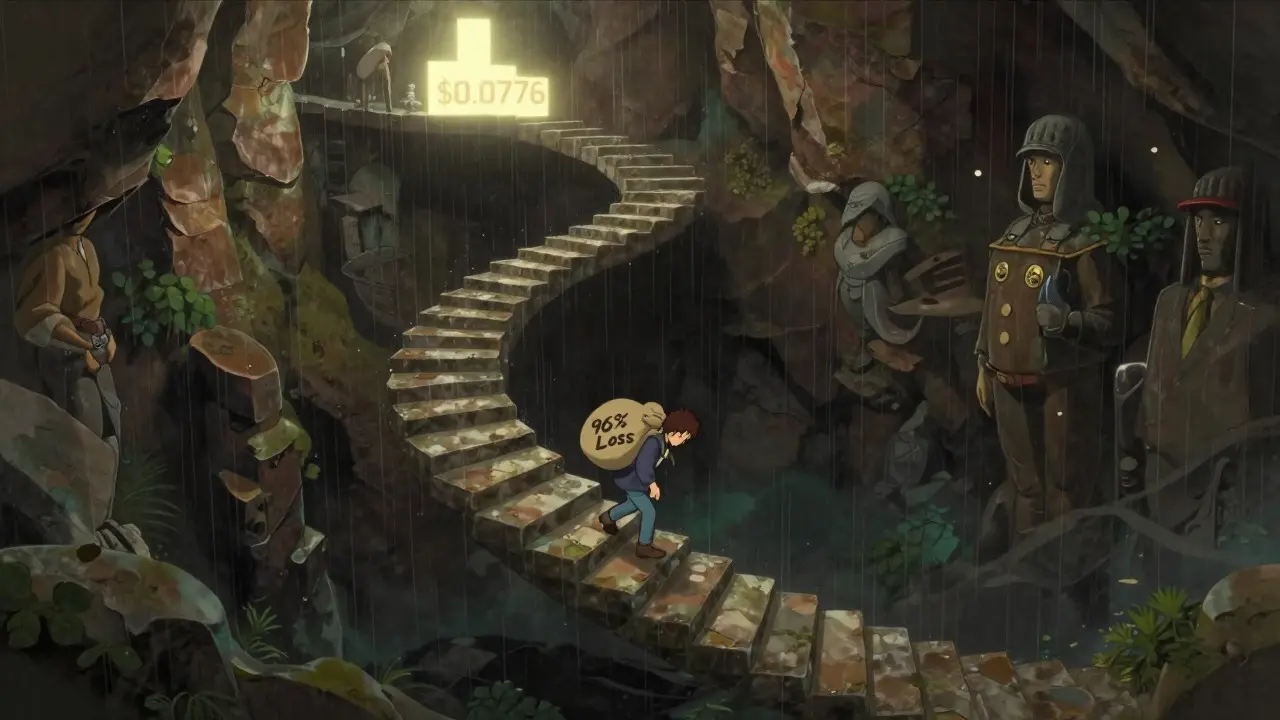 Figure walking down steep stairs into darkness representing price crash