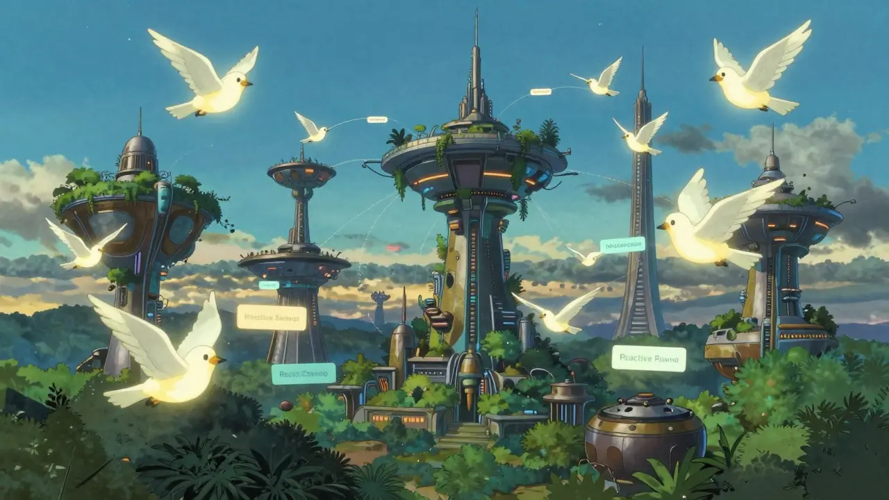 Futuristic Ghibli city with autonomous robots connecting blockchain islands