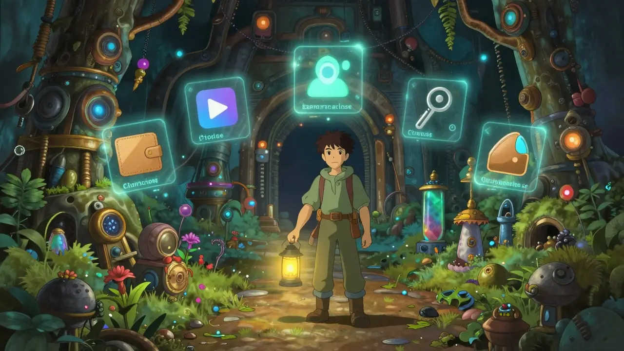 Ghibli style adventurer completing magical quest tasks for rewards