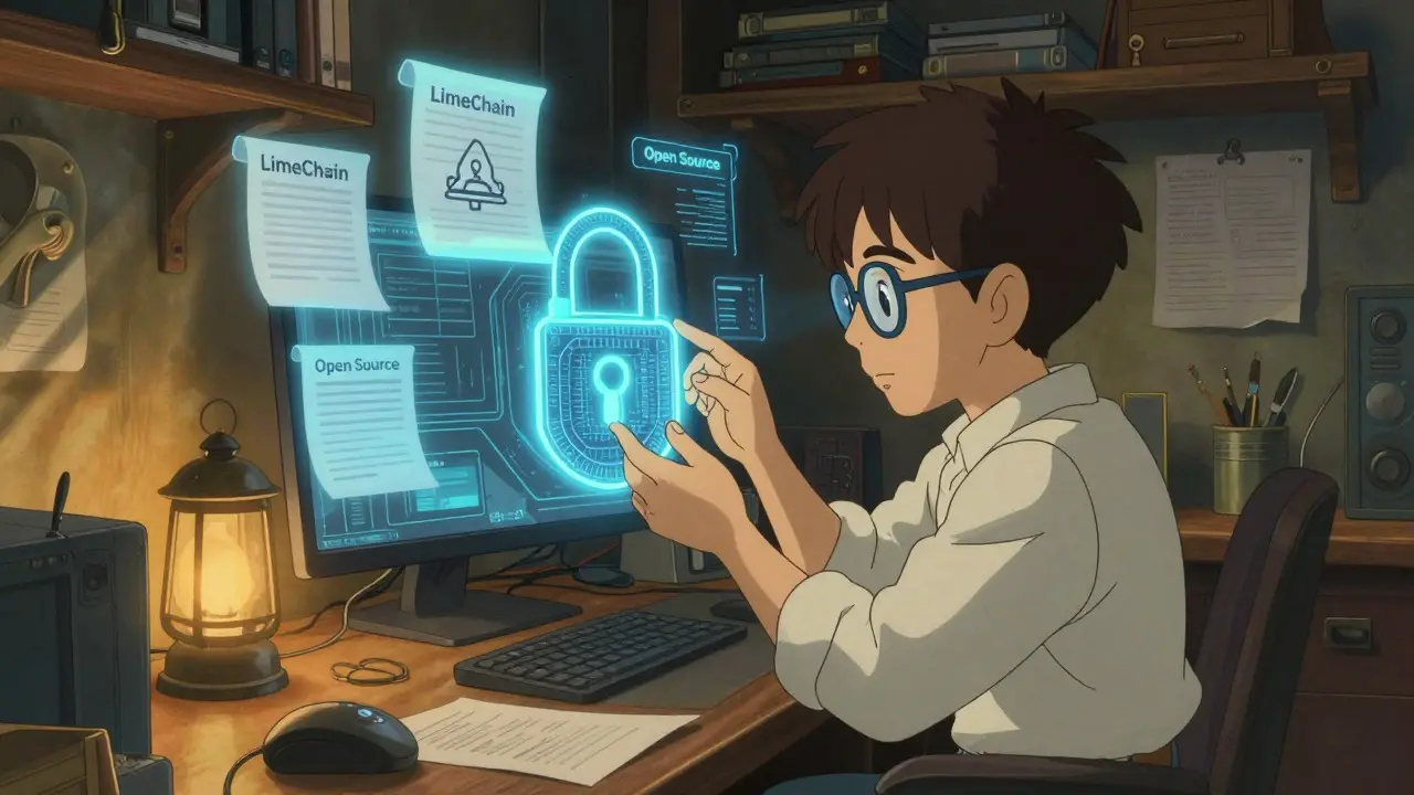 Ghibli style artist inspecting secure blockchain locks in a cozy workshop