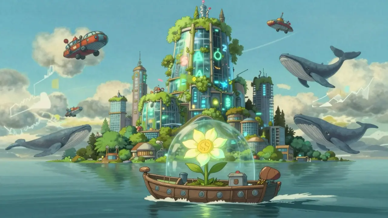 Ghibli-style boat sailing toward a futuristic exchange with protective barriers