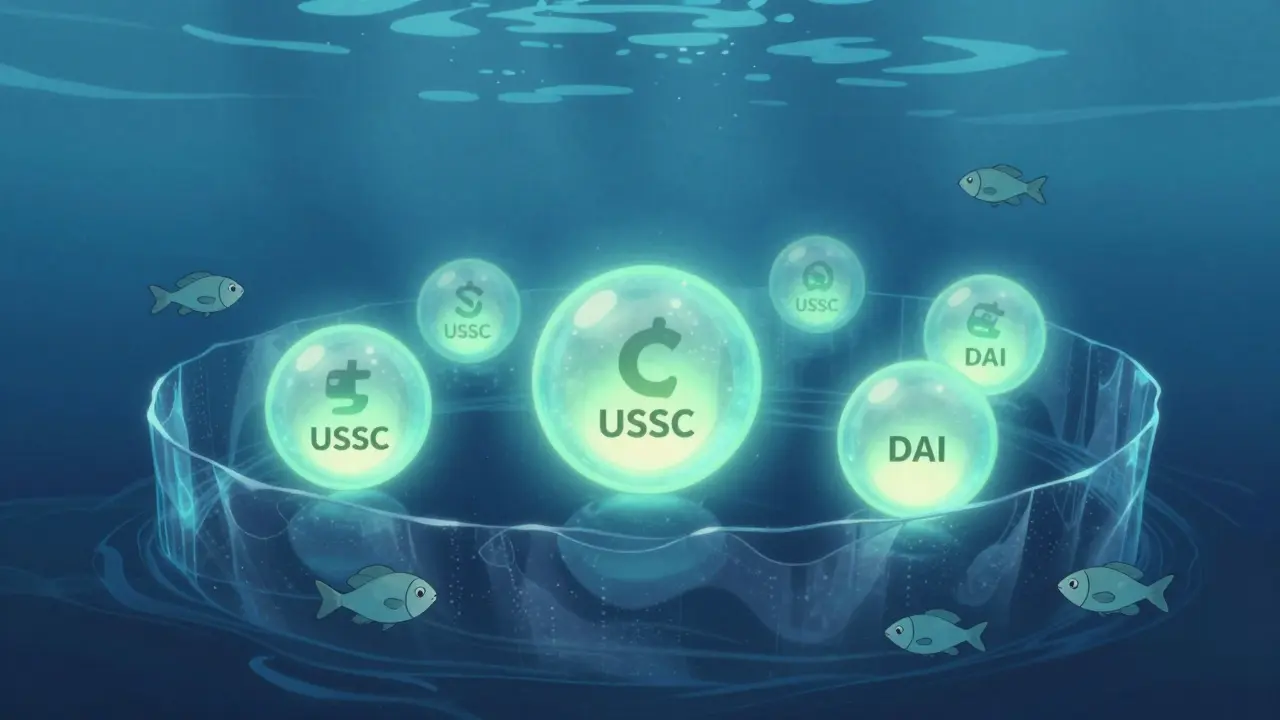Ghibli-style illustration of stablecoins floating safely in a calm, protective digital ocean.
