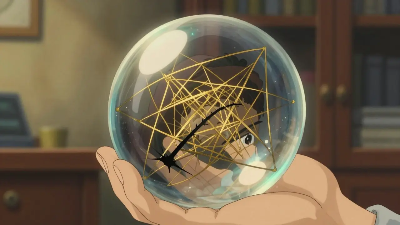 Hands holding fragile orb with snapping transaction threads