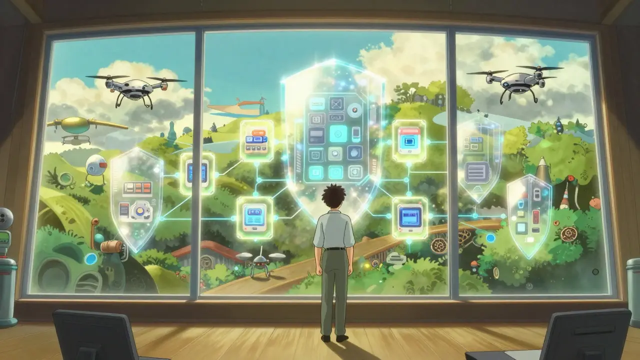 Harmonious digital landscape showing secure, balanced composable systems.