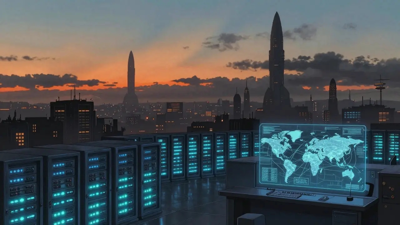 High-tech server room with missile silhouettes in distant skyline
