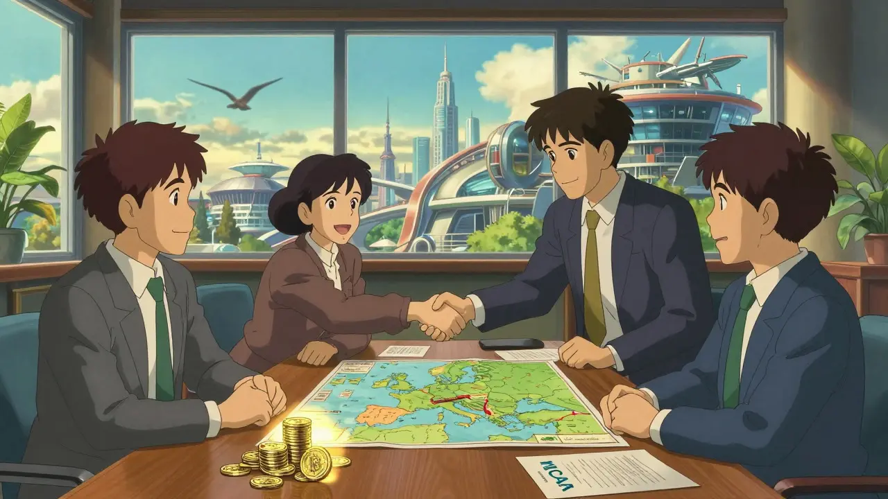 Institutional boardroom handshake overlooking a city, symbolizing crypto market growth.