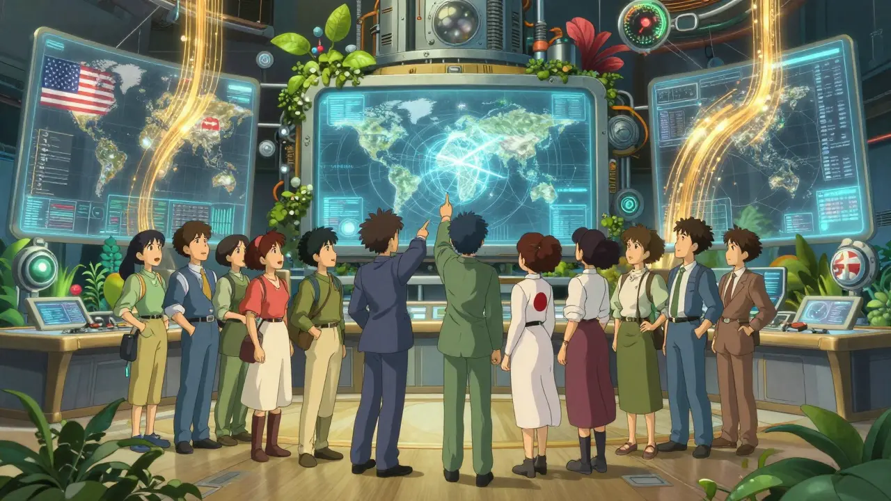 International allies collaborating in a bright high-tech control room.