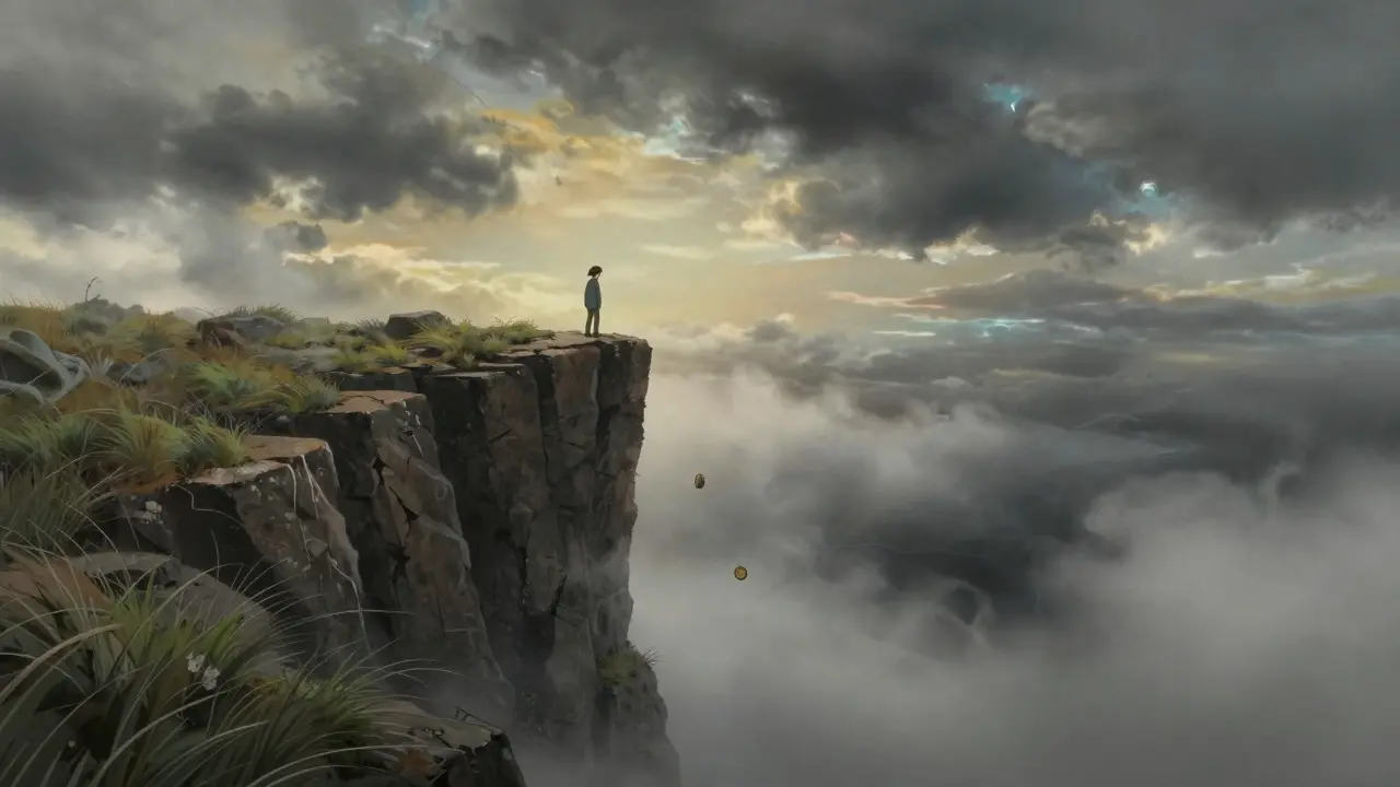 Lonely figure watching a coin fall off a cliff in Ghibli style, symbolizing loss
