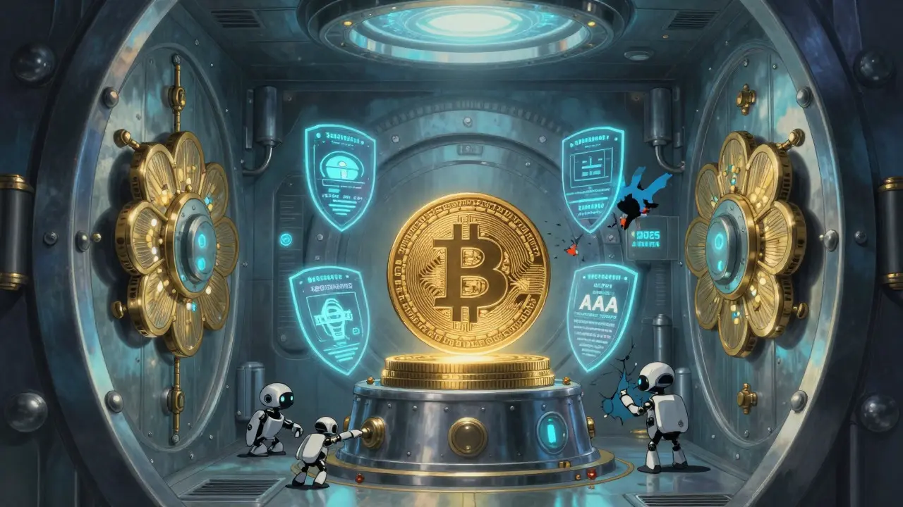 Magical digital vault protecting Bitcoin with security shields
