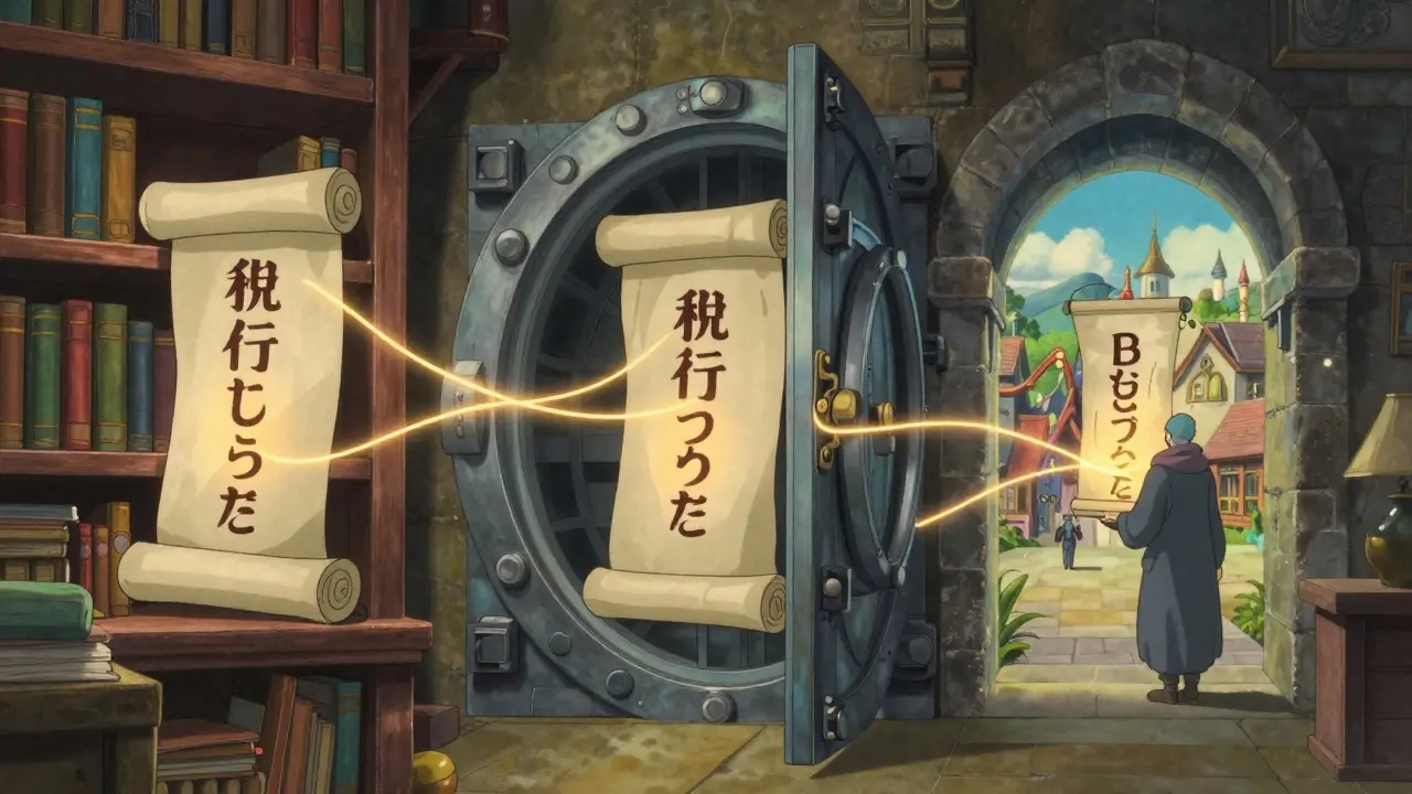 Magical scrolls stored in separate locations connected by glowing threads in Ghibli art