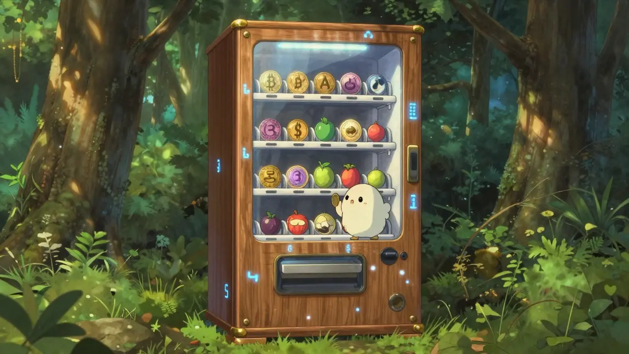 Magical wooden vending machine with glowing runes in a forest, Studio Ghibli style