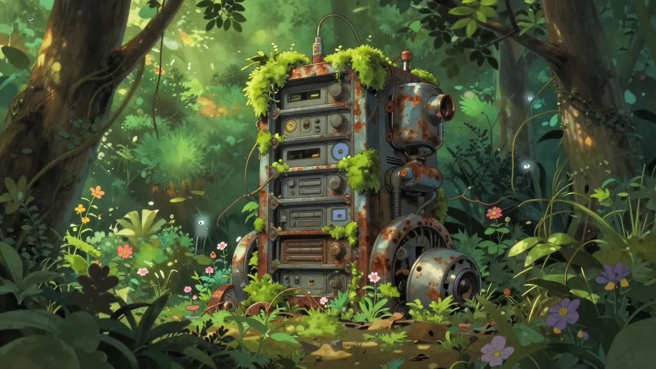 Overgrown mechanical structure in a forest, Studio Ghibli style illustration