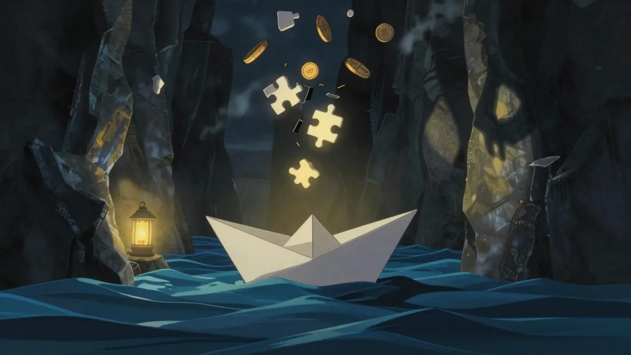 Paper boat on choppy water with floating fragments, Ghibli style art
