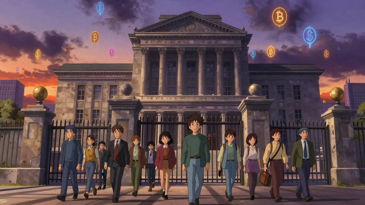People approaching imposing courthouse with crypto symbols