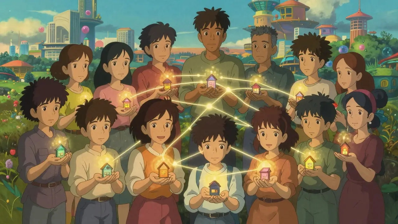 People sharing fractional asset tokens in a glowing network