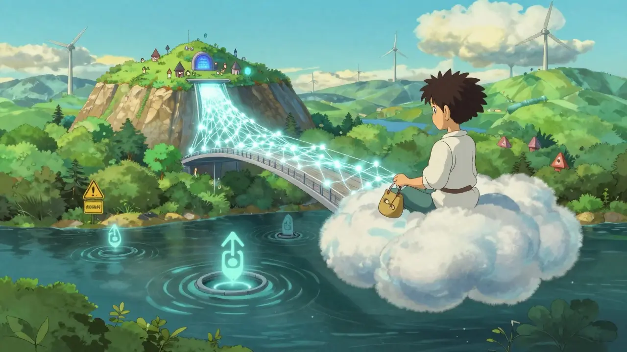 Person safely bridging assets across a glowing web above dark waters, avoiding traps below.