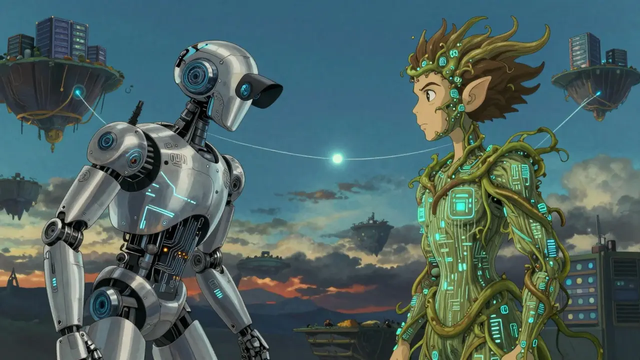 Studio Ghibli style battle between AI robot and organic privacy creature in a futuristic twilight sky