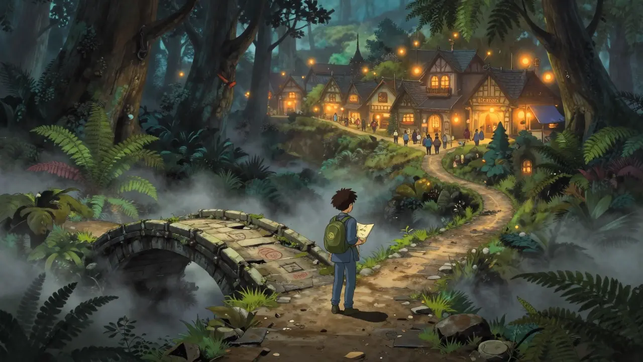 Traveler choosing between a crumbling bridge and bright village paths