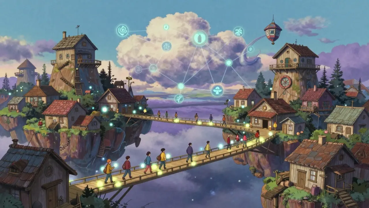 Village on floating islands connected by light bridges, Studio Ghibli style