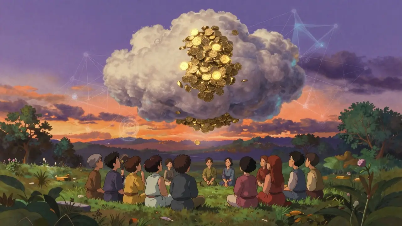 Whimsical cloud of coins over diverse gamers in anime style