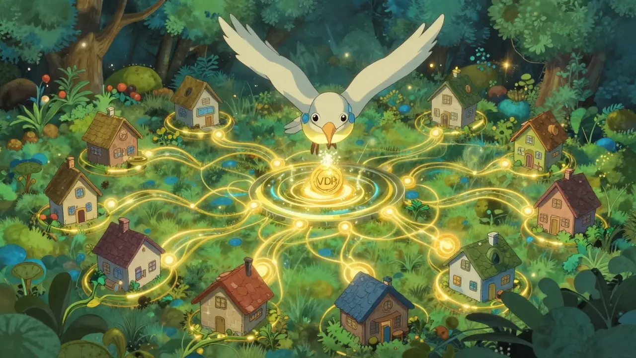 Whimsical garden representing a decentralized network distributing rewards to creators