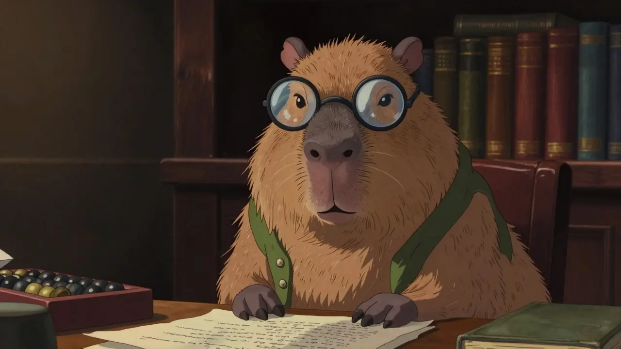 Wise capybara with glasses reviewing documents at a desk