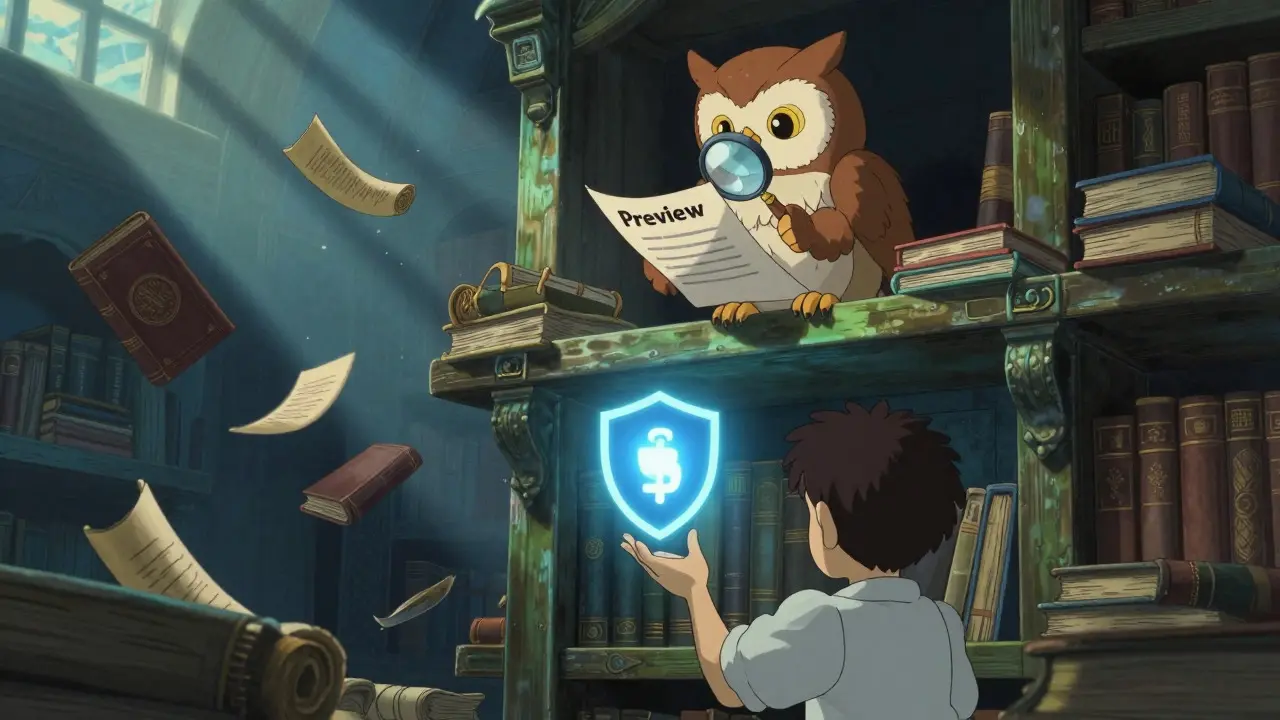 Wise owl checking documents in a library, symbolizing crypto verification and safety.