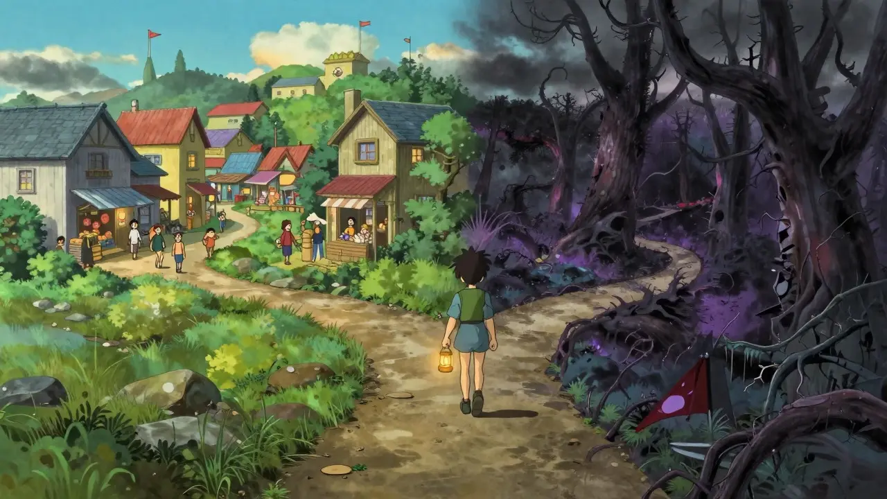 A character at a crossroads choosing between a bright village and a dark forest