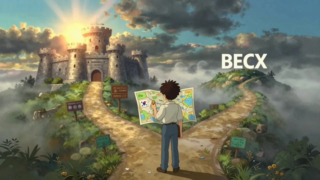 A character choosing between a secure fortress and a misty island