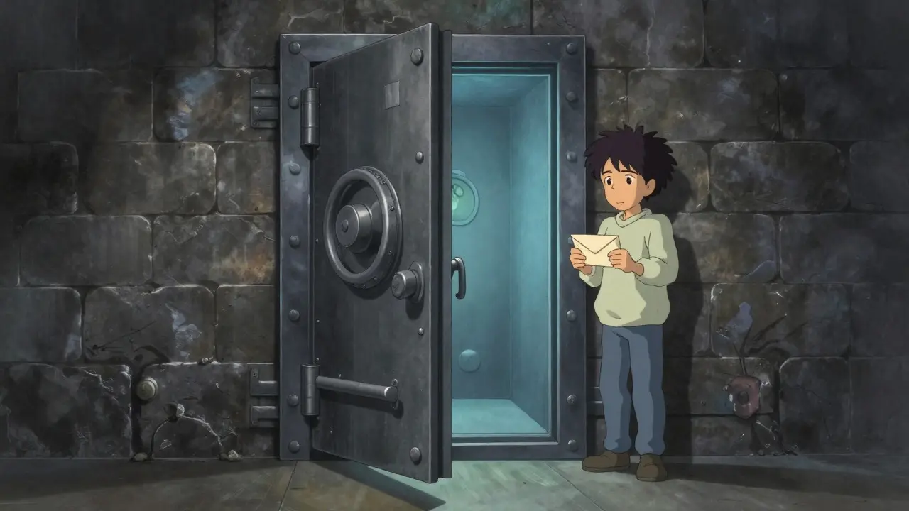 A character waiting outside a secure vault door holding a letter in a dim, atmospheric setting