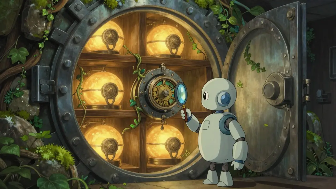 A cozy stone vault with glowing orbs and a small robot inspecting locks