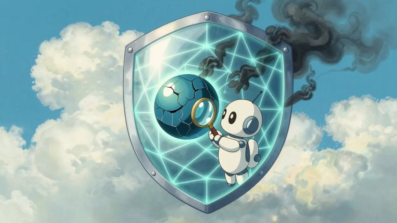A cute robot holding a magnifying glass protected by a glowing shield against dark smoke.
