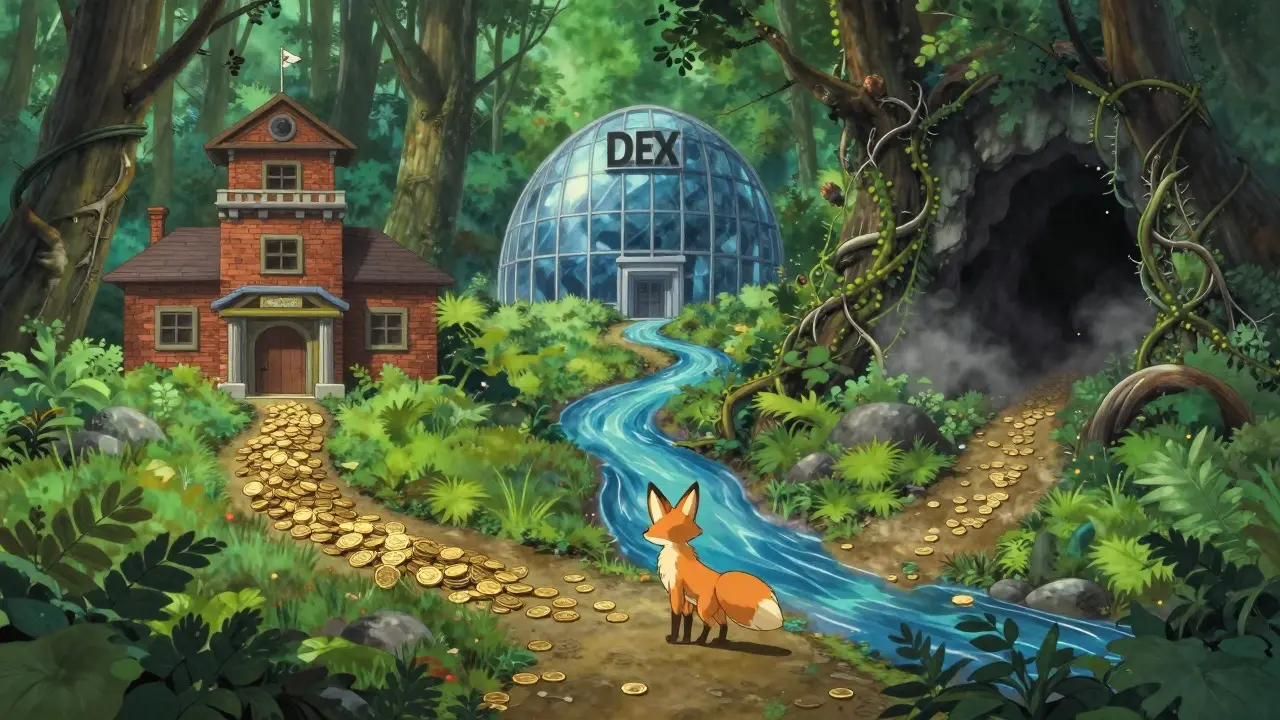 A fox at a crossroads in a magical forest choosing between a safe path and a dark, thorny trail.