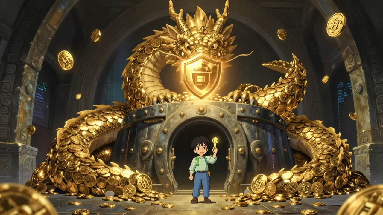 A golden dragon guarding a vault with a glowing shield, symbolizing asset protection