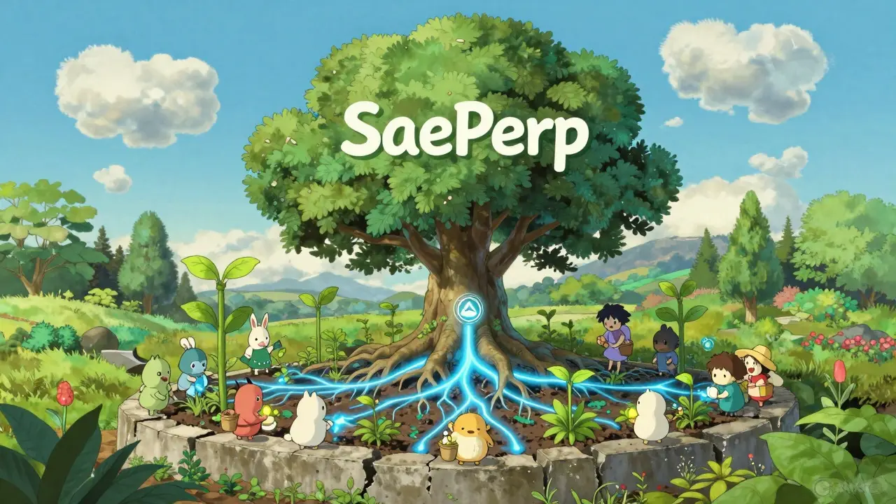 A large tree and saplings in a garden symbolizing the interconnected Sake DeFi ecosystem
