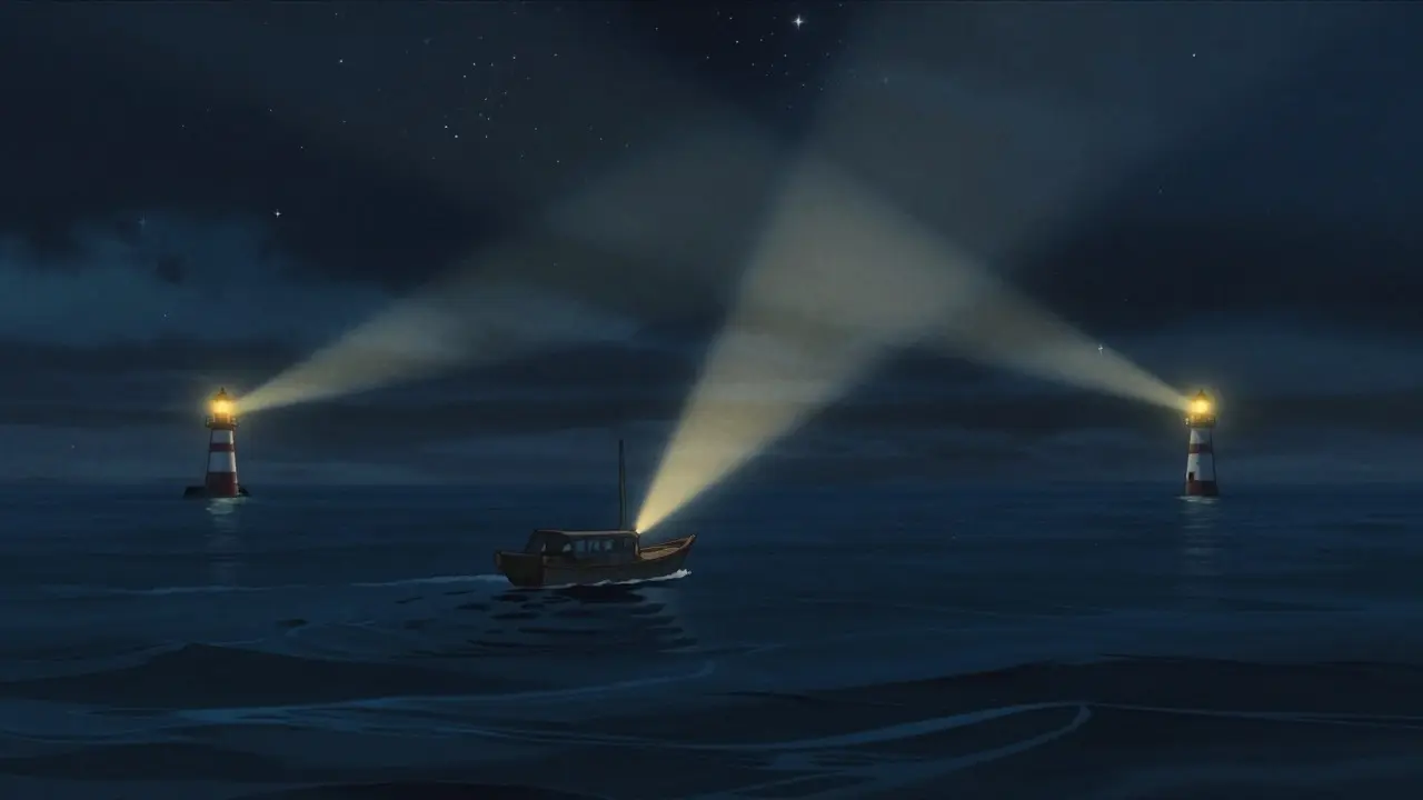 A small boat navigating a dark sea near distant, bright lighthouses under a starry sky