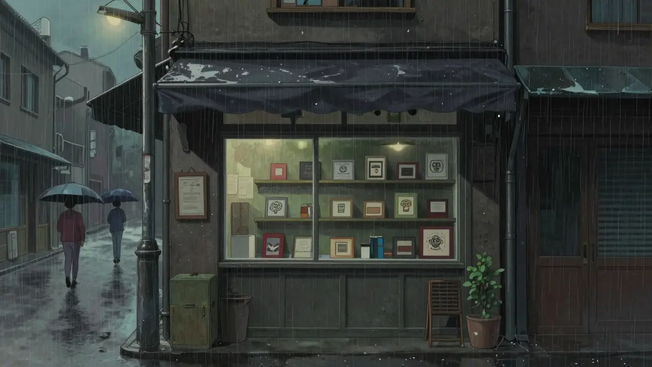 A small, rainy shop with only seven items, illustrating low liquidity