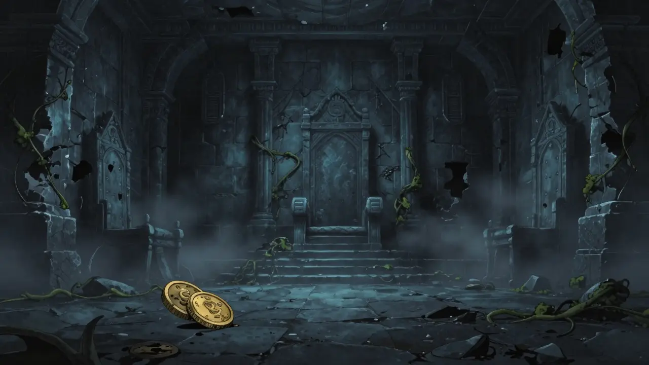 Abandoned fantasy dungeon with a dusty gold coin, Ghibli style.