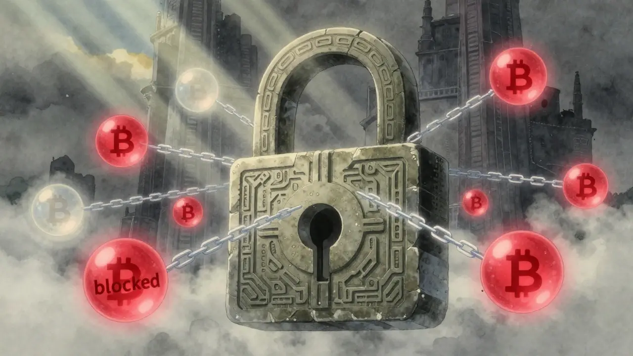 Abstract Ghibli-style art showing a stone seal blocking glowing digital wallet orbs