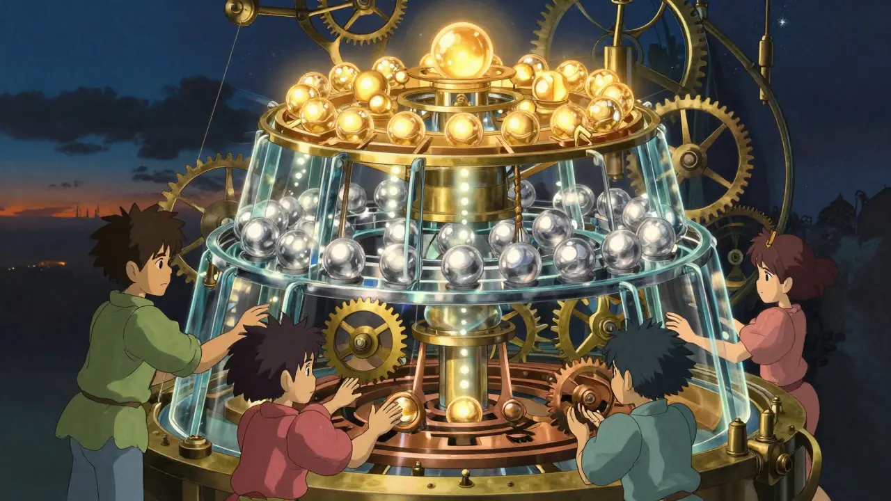 Anime depiction of a magical sorting machine distributing glowing tokens into tiered levels