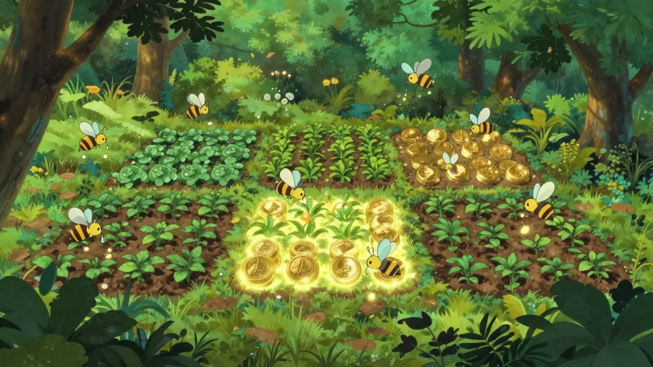 Anime garden scene with glowing patches of soil and bees, representing concentrated liquidity in DeFi